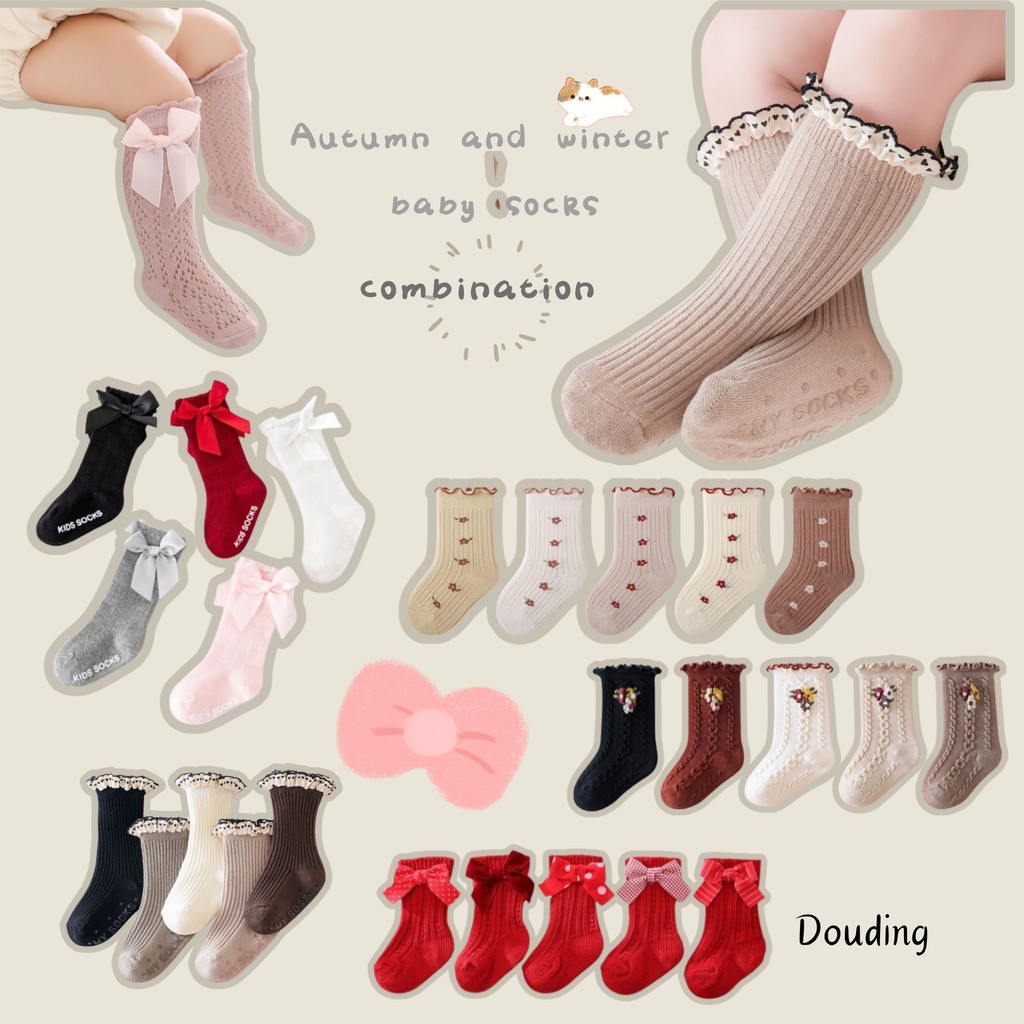 ถุงเท้าหลอดยาวสําหรับเด็กผู้หญิงฤดูใบไม้ร่วงและฤดูหนาว- ถุงเท้าเจ้าหญิงโบว์ทารกแรกเกิด