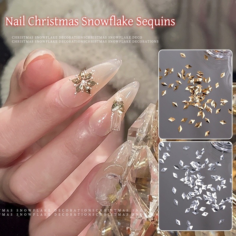 ตกแต่งเล็บ DIY สติ๊กเกอร์ติดเล็บ Rhinestone เลื่อมคริสต์มาส Snowflake Gold Silver