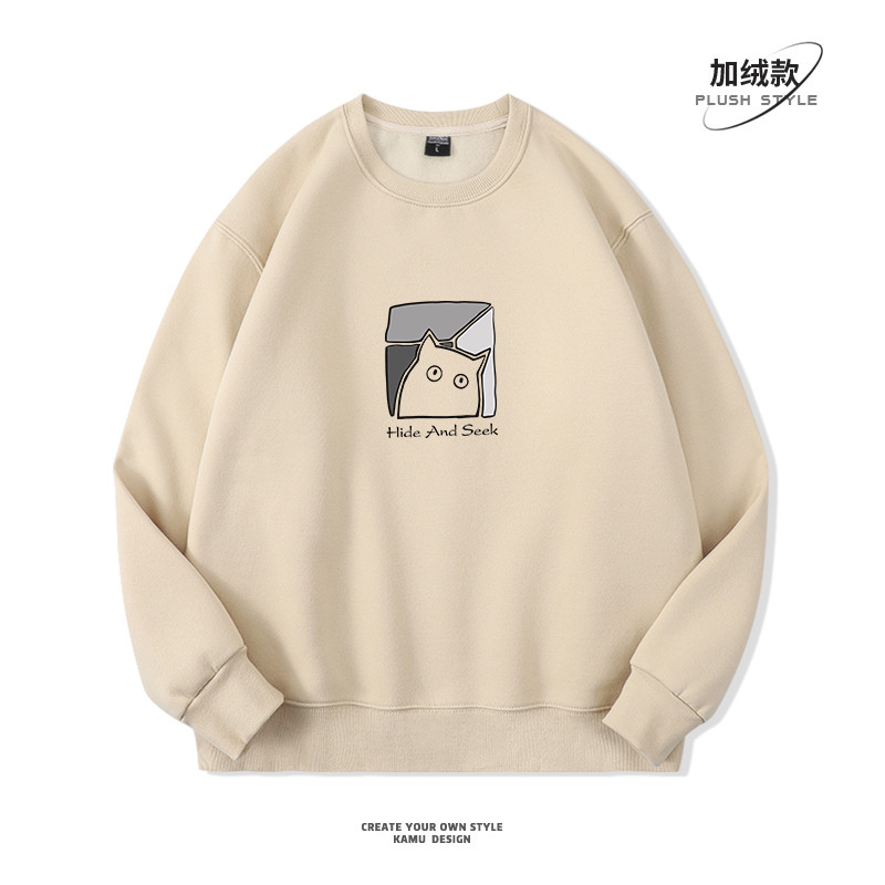 ลมฮาราจูกุในญี่ปุ่น แมวการ์ตูน คอกลม เสื้อสวมหัว ผู้ชาย แขนยาว หลวม เสื้อกันหนาว ด้านในเป็นผ้าสำลี