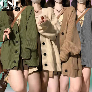 Sweater rajutan premium  yang menebal Sweater rajutan wanita panjang sedang Sweater rajutan trendi ala Korea Sweter lengan panjang kerah v retro