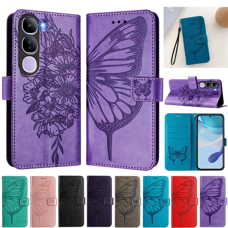 Vivo Y200 5G สําหรับ Vivo Y19s เคสโทรศัพท์ขาตั้งกระเป๋าสตางค์แฟชั่นผีเสื้อหนังกรณีพลิก