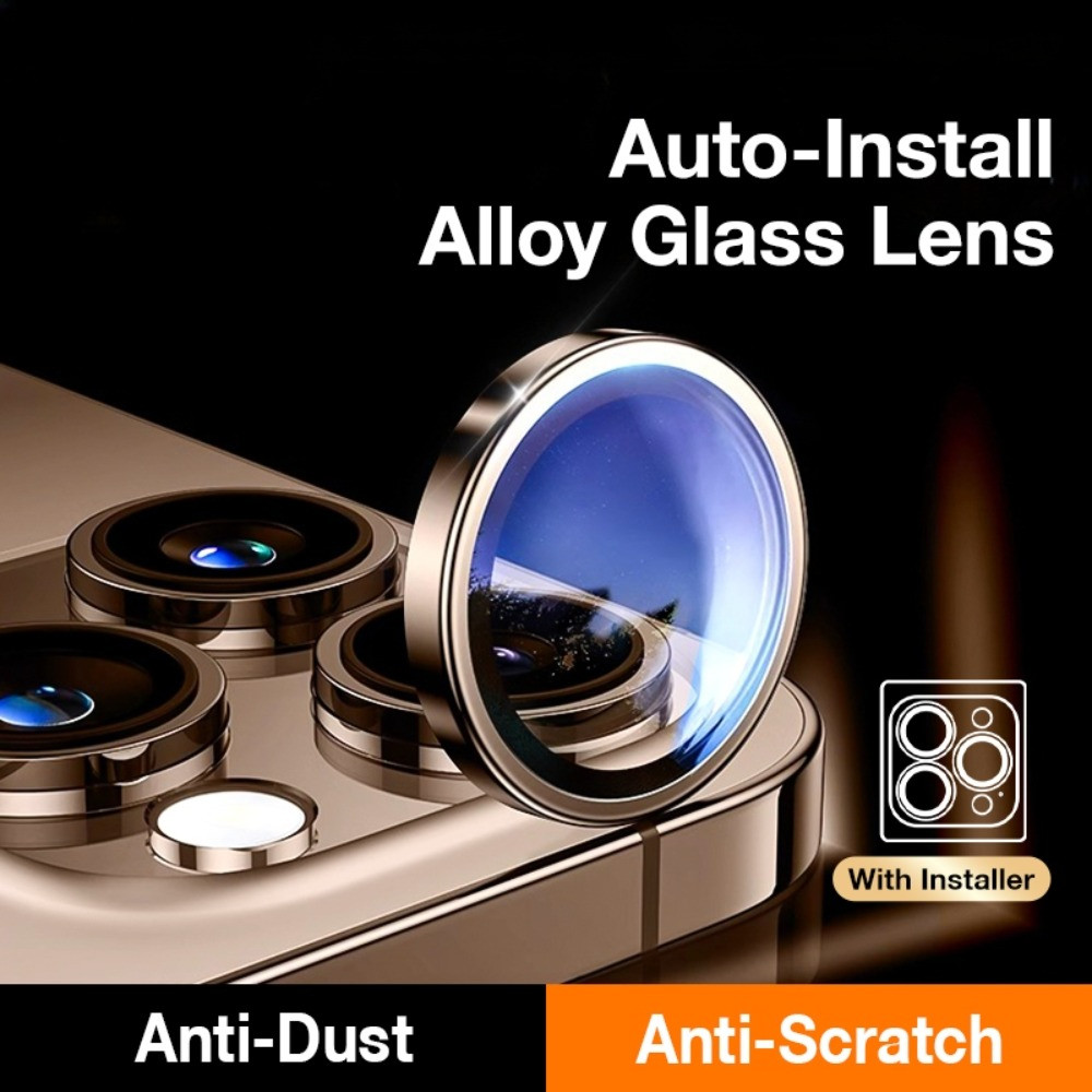 Desert Titanium Gold กระจกกล้องเลนส์สําหรับ iPhone 16 11 12 13 14 15 Pro Max 16 Plus โลหะกระจกนิรภัยแหวนฝาครอบกล้องเพียงคลิกเดียวติดตั้งชุด