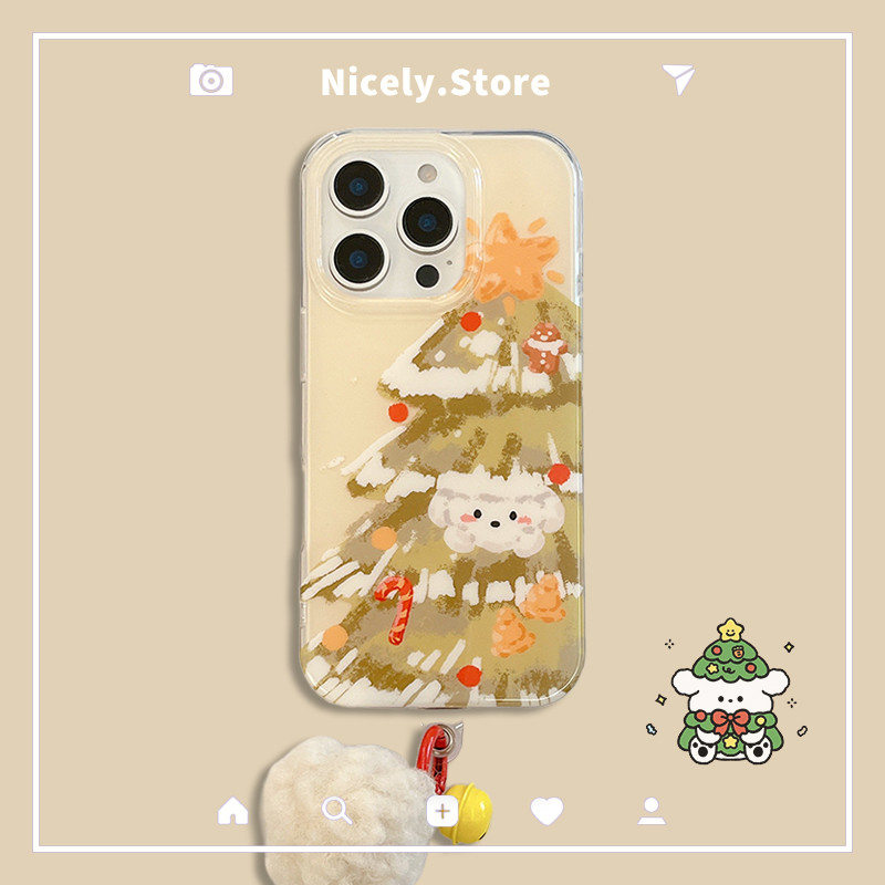 ต้นคริสต์มาสน่ารักลูกสุนัขตุ๊กตาระฆังจี้เคสโทรศัพท์เข้ากันได้สําหรับiphone 16 15 14 13 Pro Max 14Pro 15Promax IMDสกปรกทนปกหลังเชลล์