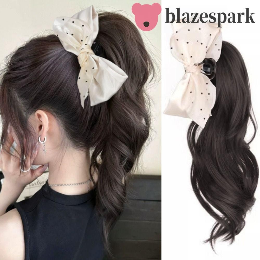 Blazespark ยาวหยักหยิกผมหางม้า,ปุยสังเคราะห์สีดําสีเบจโบว์วิกผมหางม้า,อินเทรนด์ปลอมต่อผมธรรมชาติ Pony Tail Hairpiece ใช้ทุกวัน