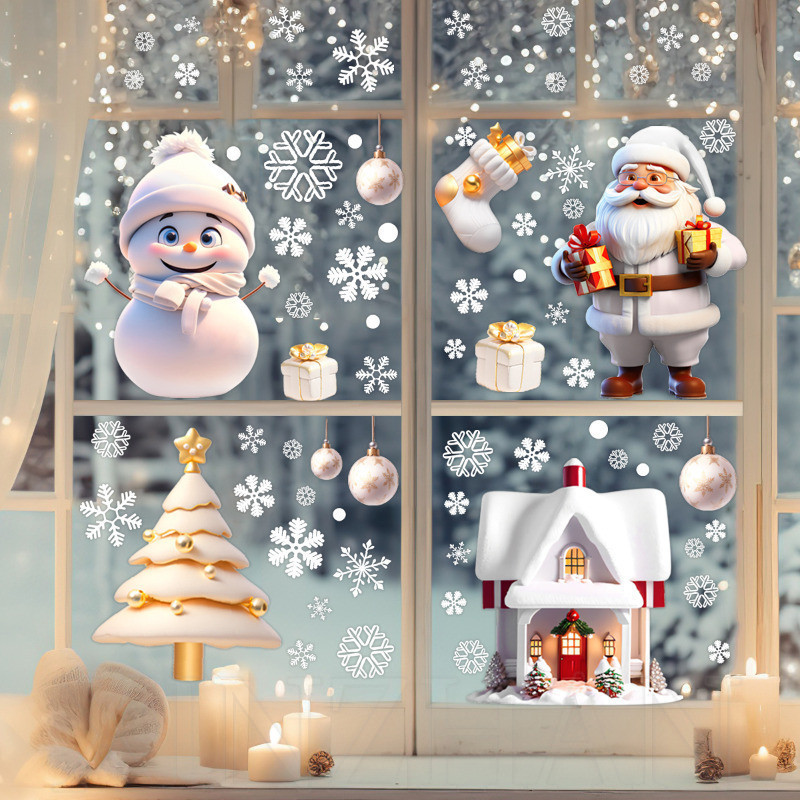 Santa White Snowflake Static Window Sticker - Xmas Home Festival Party Supplies - Self-Adhesive, Waterproof, Cute - Christmas Party Decor Decal - สติ๊กเกอร์หน้าต่างติดผนัง