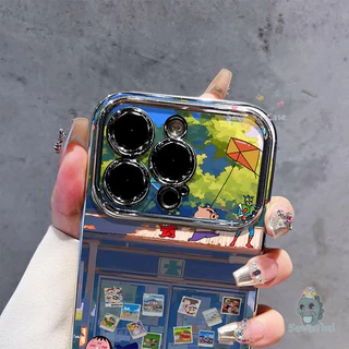 สําหรับ iPhone 11 16 13 12 7Plus 15 14 Pro Max Xr X Xs Max 8 6 6s Plus Case Crayon Shin-chan เวลาว่างเคสโทรศัพท์ + โซ่ + ผู้ถือชุบหรูหราคมชัดหน้าต่างกันกระแทกป้องกันปกหลัง