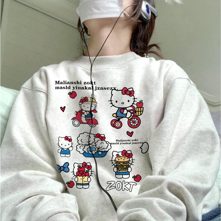 น่ารัก สวัสดี คิตตี้ แขนยาวเสื้อกันหนาวผู้หญิงหลวมเสื้อลําลองรอบคอเสื้อสวมหัว