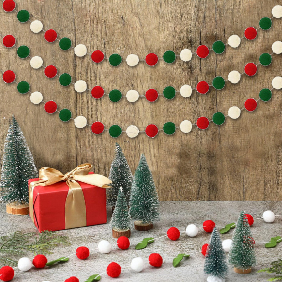 Felt Ball Garland คริสต์มาสสีแดงสีเขียว Pom Pom Garland 2.3M 30 ลูกขนสัตว์ Felt Ball พวงมาลัยต้นคริสต์มาสแขวนอุปกรณ์