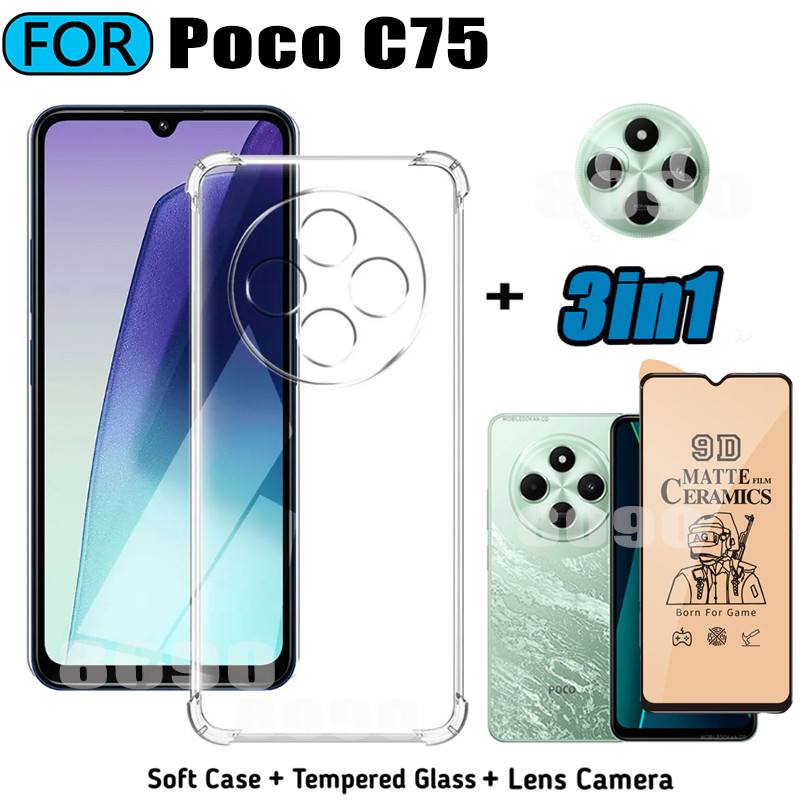 3in1 Poco C75 Tpuเคสโทรศัพท์สําหรับPoco C7 5 C 75 เซรามิคFrostedฟิล์ม + ฟิล์มเลนส์กล้อง