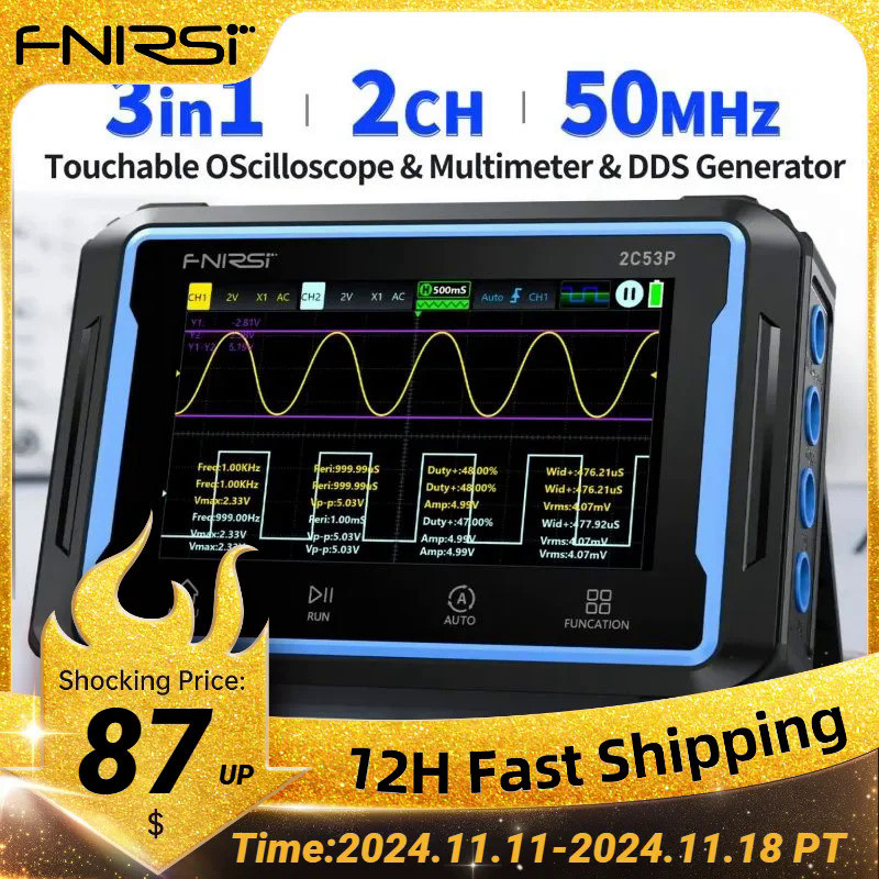 FNIRSI 2C53P Touch Screen Portable Digital Oscilloscope Multimeter Signal Source 3in1 2 Channel 50MH