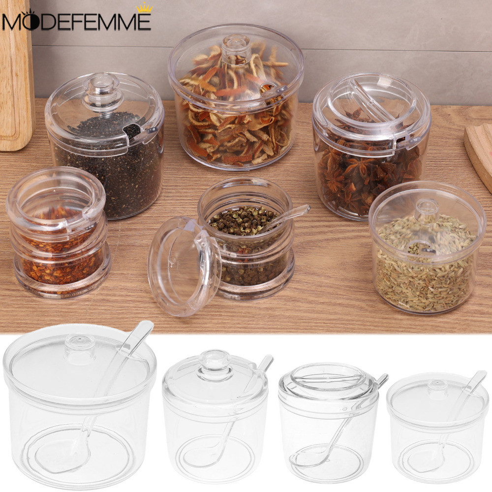 [ ที่โดดเด่น ] ขวดใส่เครื่องปรุงในครัวพร้อมช้อนฝา - กันฝุ่น, จุ่ม, โปร่งใส - หม้อเก็บซอสน้ํามัน - กระป๋องถนอมเกลือน้ําตาล - เครื่องปรุงรส ภาชนะที่เก็