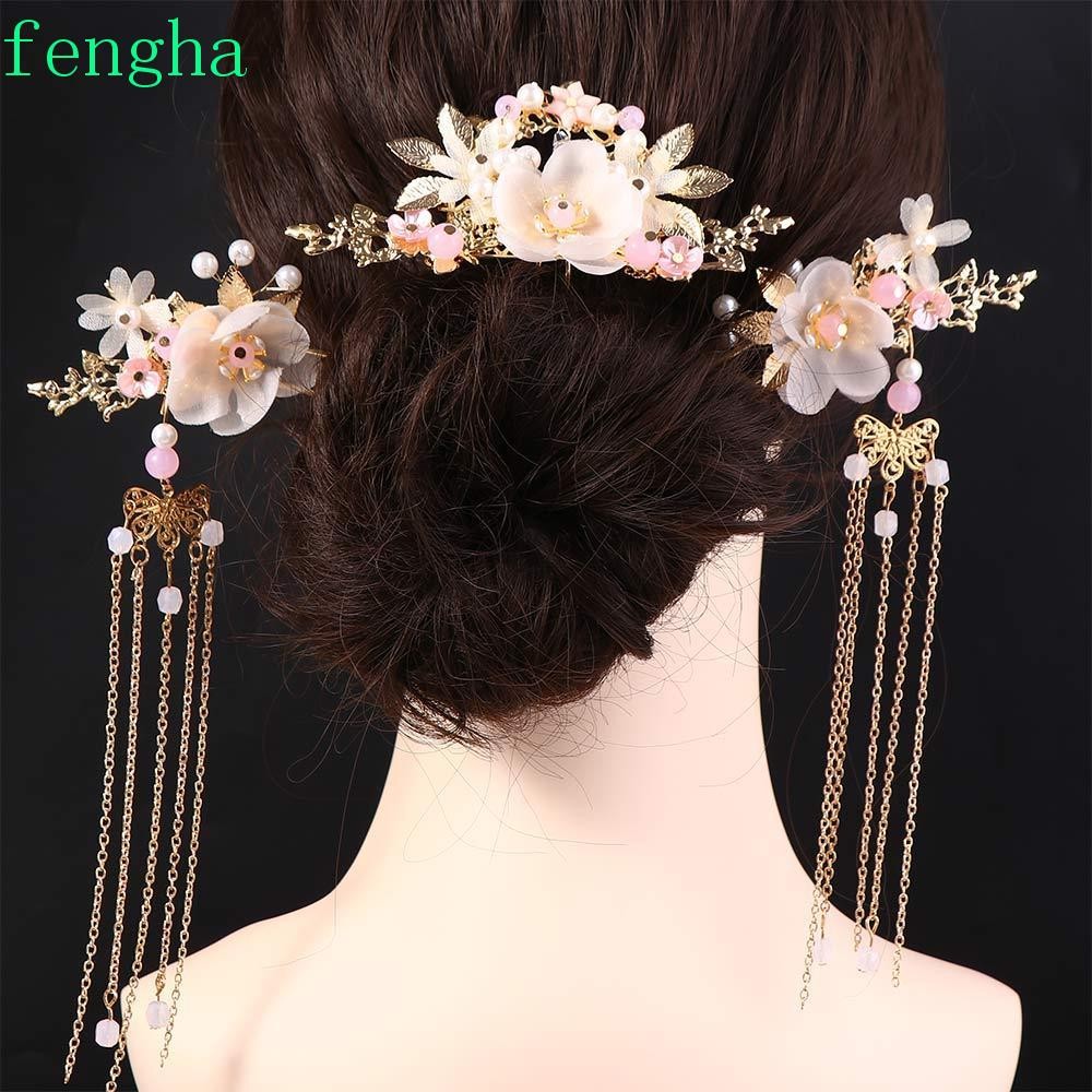 Fengha Hanfu Hair Stick Headpiece พู่ดอกไม้ทําด้วยมือเครื่องประดับผมจีนหวีผมหญิง