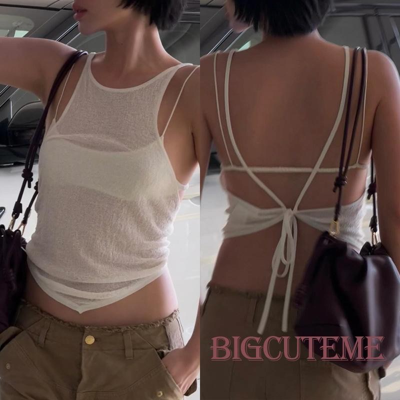 ชุดเสื้อสตรีฤดูร้อน 2 ชิ้นด้านหลังผูกเสื้อกล้ามสีทึบ + เสื้อสายเดี่ยวตัดขนาดเล็ก