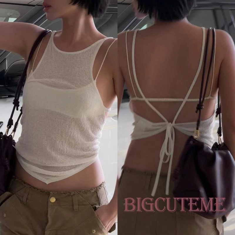 ชุดเสื้อสตรีฤดูร้อน 2 ชิ้นด้านหลังผูกเสื้อกล้ามสีทึบ + เสื้อสายเดี่ยวตัดขนาดเล็ก