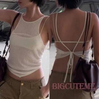 ชุดเสื้อสตรีฤดูร้อน 2 ชิ้นด้านหลังผูกเสื้อกล้ามสีทึบ + เสื้อสายเดี่ยวตัดขนาดเล็ก