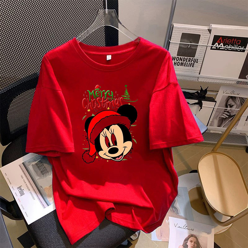 COD (ส่งจากกรุงเทพ)BOOM Shop สีแดงสบาย ๆ ผ้าฝ้ายแขนสั้นคริสมาสต์ธีมเสื้อยืดซานตาคลอสกวางพิมพ์เสื้อ cotton 100#15#20