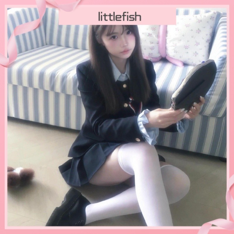 [Littlefish] สาวรวยวิทยาลัยสไตล์ทองปลอมสองชิ้นเสื้อสูทเอวจีบกระโปรงสูทสองชิ้นไซส์ใหญ่