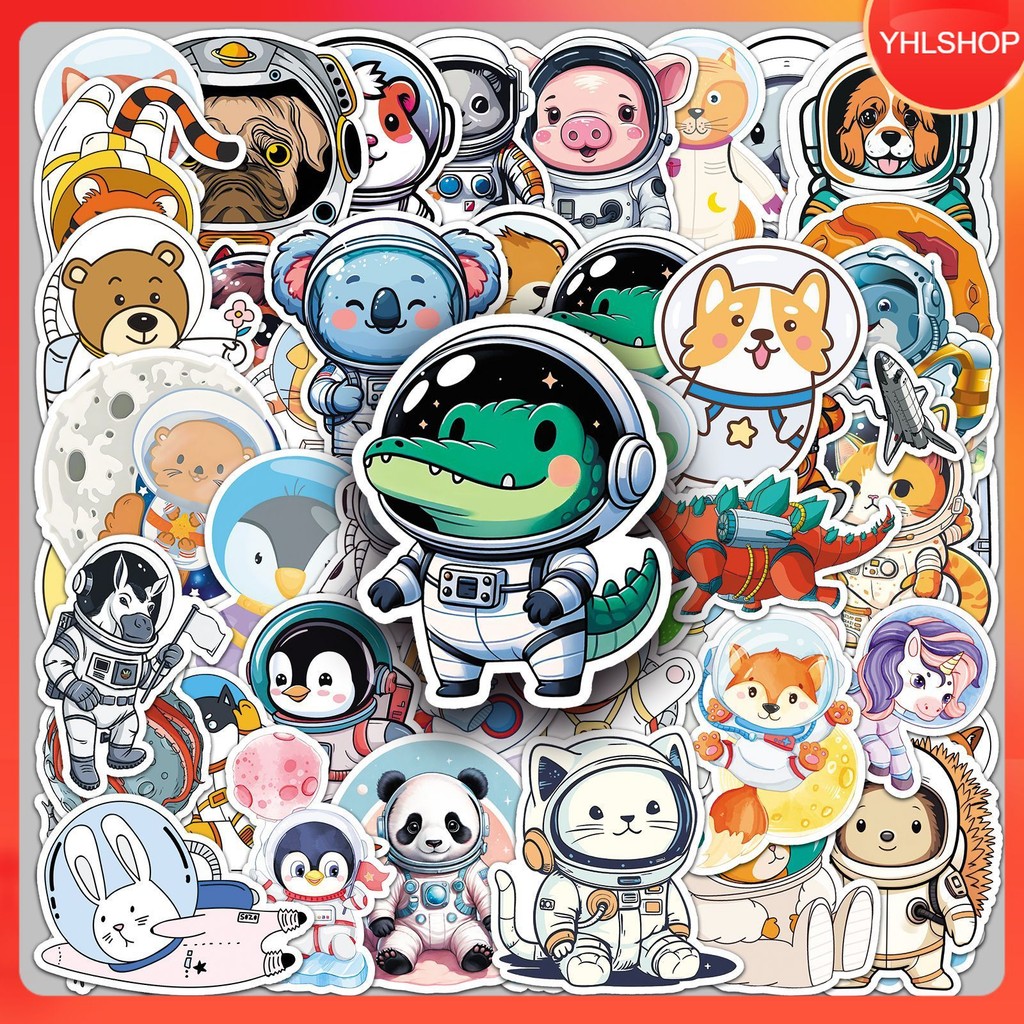 YHL พร้อมส่ง 50แบบ สติกเกอร์ สัตว์นักบินอวกาศ animal astronaut cartoon sticker