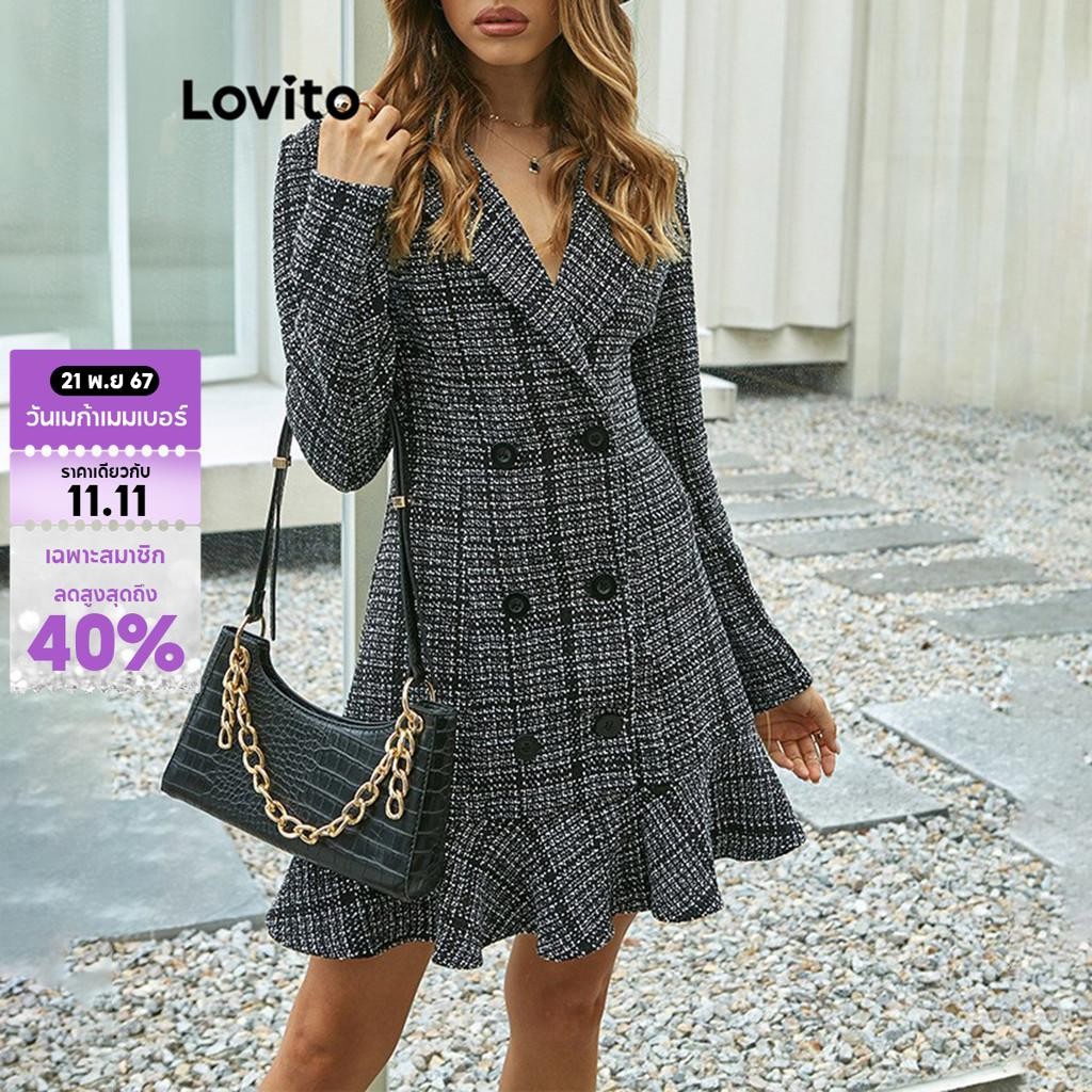 Lovito เดรสผู้หญิง มีกระดุม ชายแต่งระบาย สีพื้น สไตล์ลำลอง LNL67019