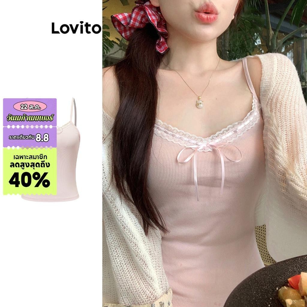 Lovito เสื้อสายเดี่ยวผู้หญิง แต่งลูกไม้ ประดับโบว์ สีพื้น สไตล์ลำลอง L85AD086
