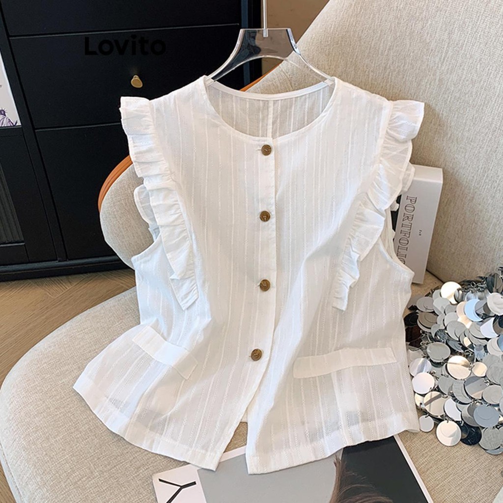 Lovito เสื้อเจาะปุ่มธรรมดาหรูหราสง่างามสำหรับผู้หญิง LNE75191