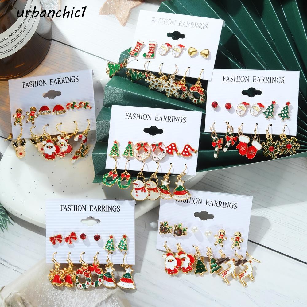 Urbanchic ต่างหูสตั๊ดคริสต์มาสซานตาคลอส Snowman หยดน้ํามันศิลปะของขวัญปีใหม่กวางผู้หญิง Drop ต่างหู