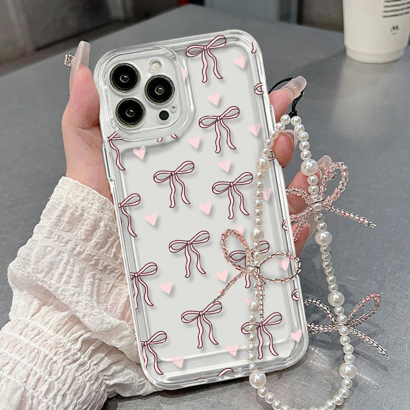 สีชมพูโบว์ลูกปัดสร้อยข้อมือเคสโทรศัพท์สําหรับvivo V9 Youth V17 Neo V21 V23 V23E VIVO S1 Pro S10E S12