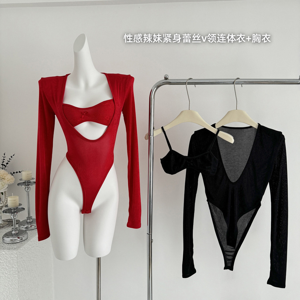 Double-layer Skinny Deep V คอแขนยาว One Piece Top ผู้หญิง Pure Desire เอวด้านข้าง Hollow All-Match เ