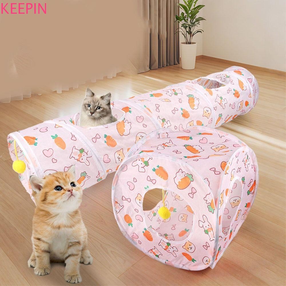 Keepin Cat Play Tunnel, พิมพ์พับได้เต็นท์แมว Nest, Creative พร้อม Furry Ball Square Channel ยาวช่องตรง Cat Channel ของเล่นแมว