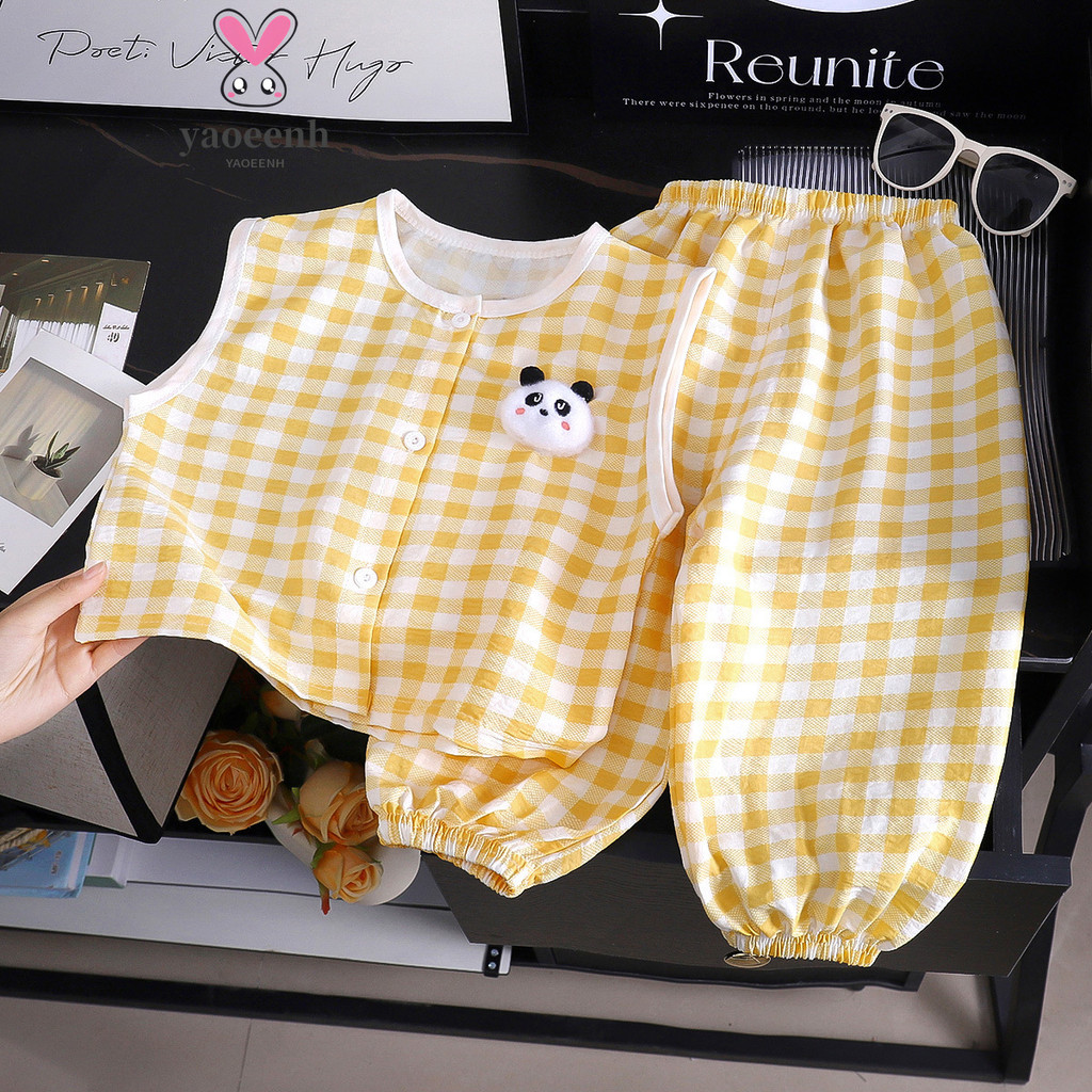 【YAOEENH】80-140เซนติเมตรสไตล์ฤดูร้อนชายหญิงคาร์ดิแกนตรวจสอบเสื้อกั๊กชุดขนาดเล็กข
