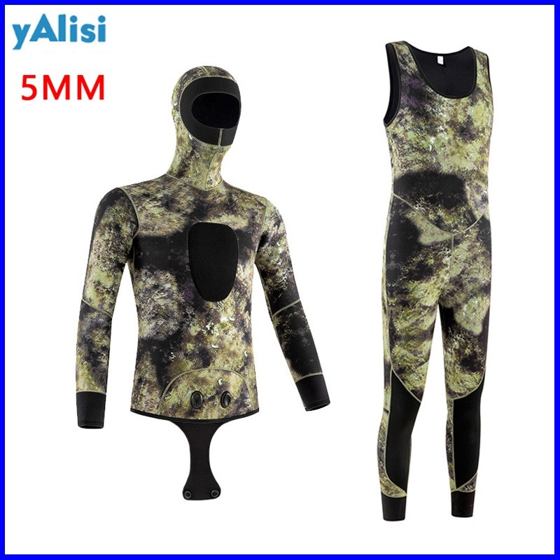 พร้อมสต็อก YALISI 5 มม. Wetsuit ผู้ชาย Neoprene สองชิ้นอบอุ่นสีดํา/ลายพรางไม่มีโลโก้แผ่นรองหน้าอกหนาท่องกลางแจ้ง