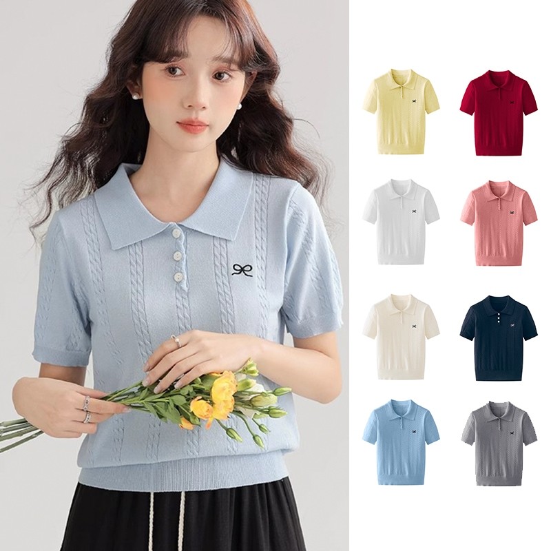 เสื้อครอปคอปกผู้หญิง เสื้อผ้าผู้หญิง แขนสั้น สไตล์ลำลอง อเนกประสงค์ ปกแหลม  พร้อมส่งในไทย