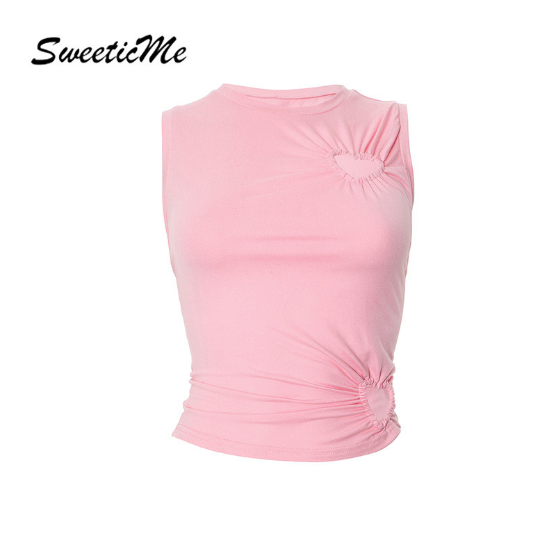 SweeticMe ผู้หญิง 2025 แฟชั่นใหม่สีทึบไม่สม่ําเสมอSlim Fit_camisoleเสื้อกล้ามคอกลมกลวง