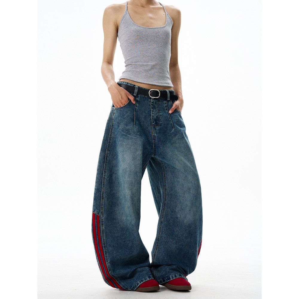 SUIKONE ซุยโคเนะ อเมริกันย้อนยุคลายเย็บกางเกงยีนส์วงเดือนขากว้างฤดูใบไม้ผลิผู้ชายและผู้หญิงหลวมตรง - รูปที่ 4