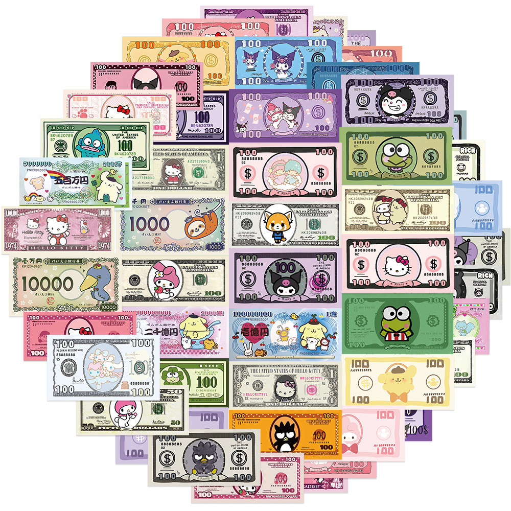 ชุด สติ๊กเกอร์ลายธนบัตรการ์ตูน 50ชิ้น ลายน่ารัก กันน้ำ Sanrio Money Stickers