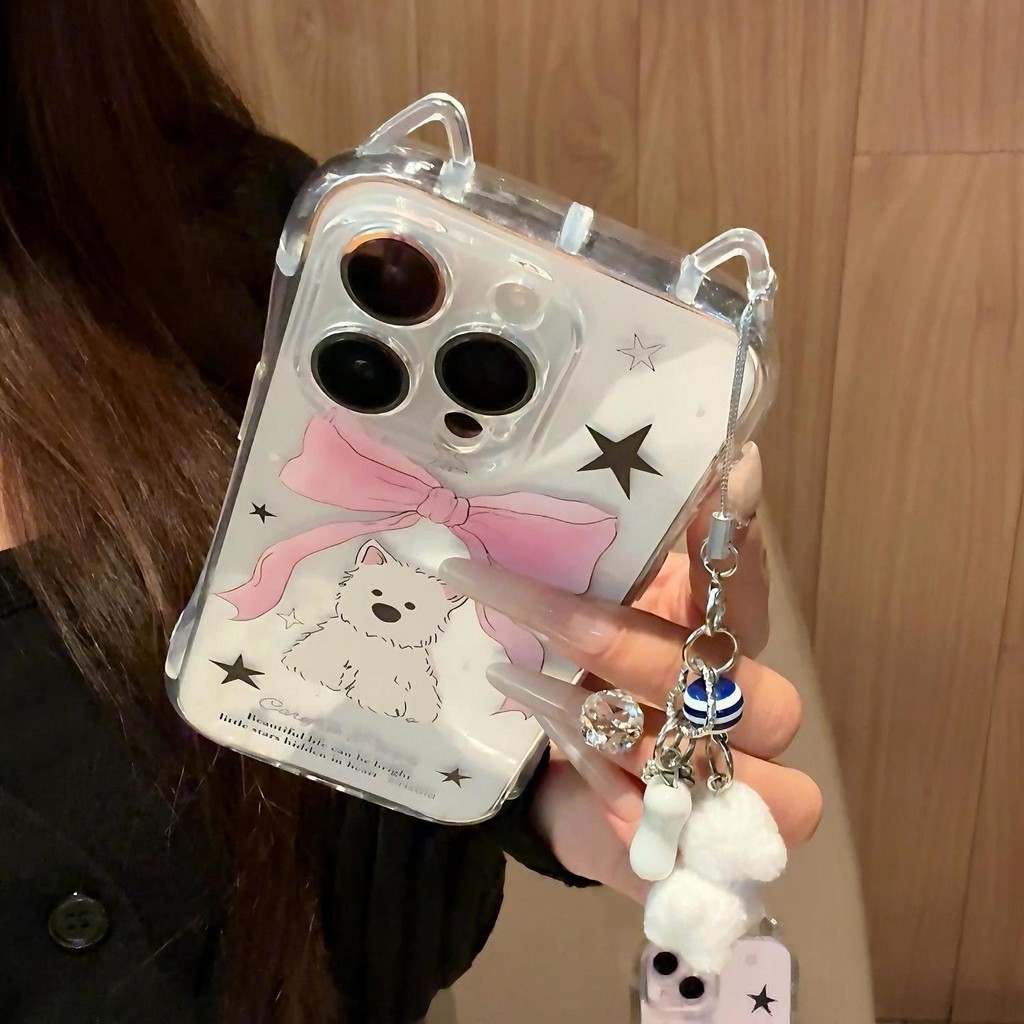 จี้ลูกสุนัขโบว์หวานเหมาะสําหรับเคสโทรศัพท์ iPhone เหมาะสําหรับ iPhone 16 Pro Max/15/14 Pro Max/13 Pr