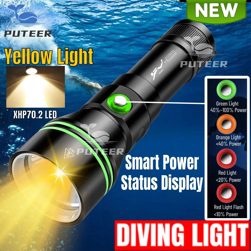 Puter ไฟฉายดําน้ําดําน้ําที่มีประสิทธิภาพแสงสีเหลืองพร้อมไฟ Led P70 Super Bright 30w ไฟฉาย Led ดําน้ํา 800 เมตรใต้น้ํา IPX8 Dive Lanter