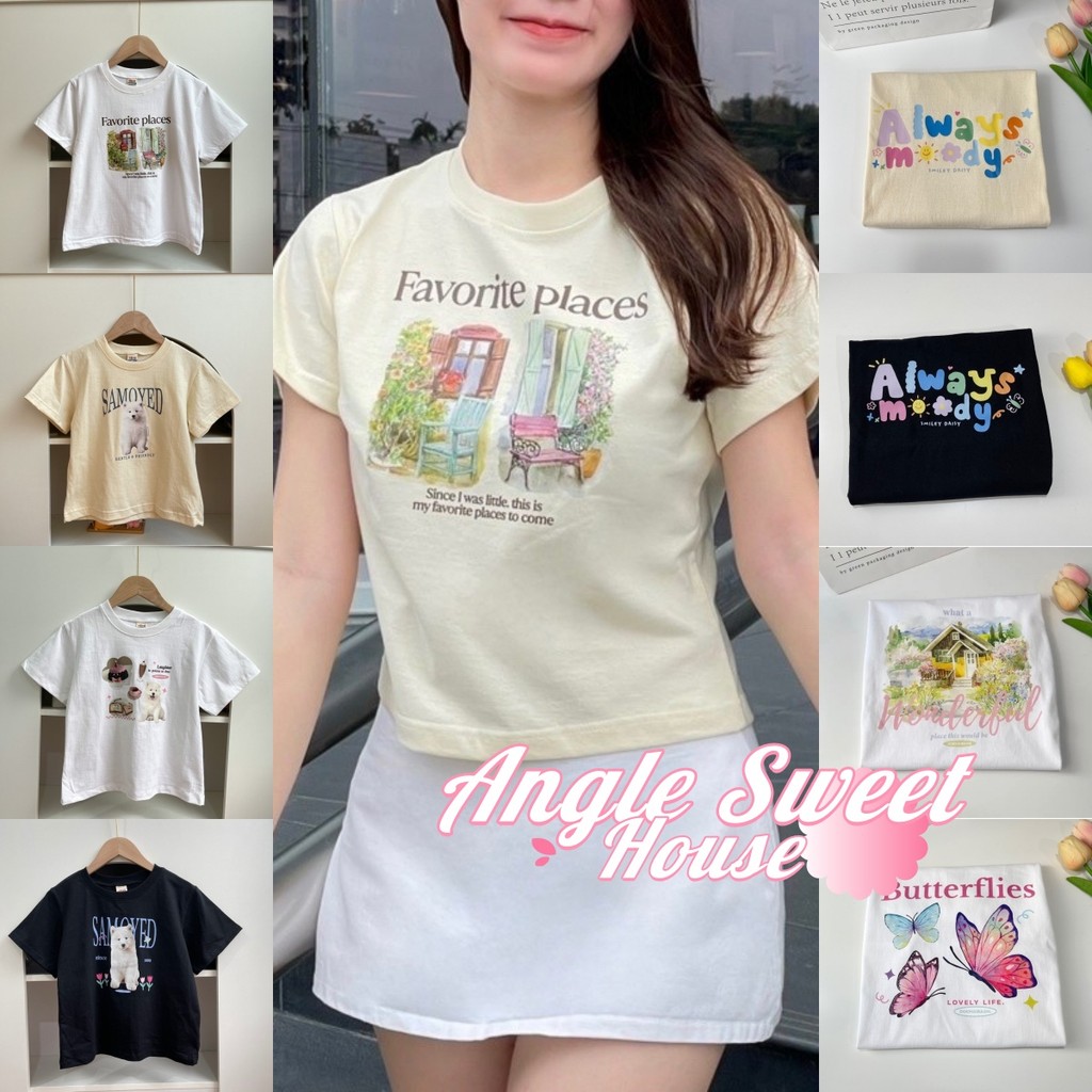 (จัดส่งตลอด 24 ชั่วโมง）Angle Official เสื้อครอปทรงพอดีตัว รวมลายสกรีน แฟชั่นสไตล์เกาหลี คอกลม ลําลอง สวมแล้วดูสวยมาก
