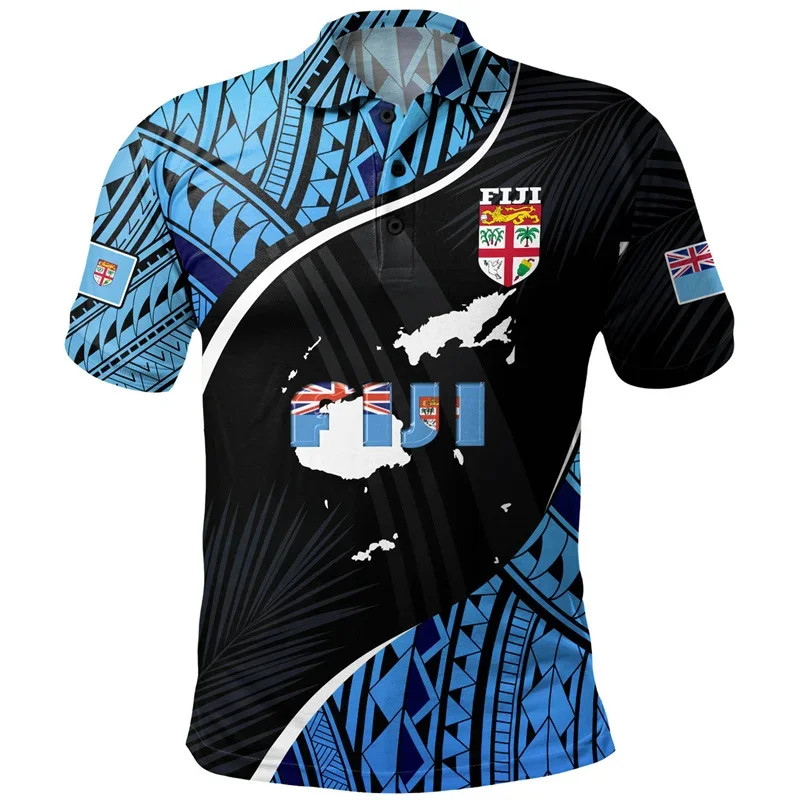 Fiji Flag Graphic เสื้อโปโลสําหรับผู้ชาย Polynesian Tattoo 3D พิมพ์แขนสั้นฤดูร้อนหลวมปุ่ม Tees Lapel