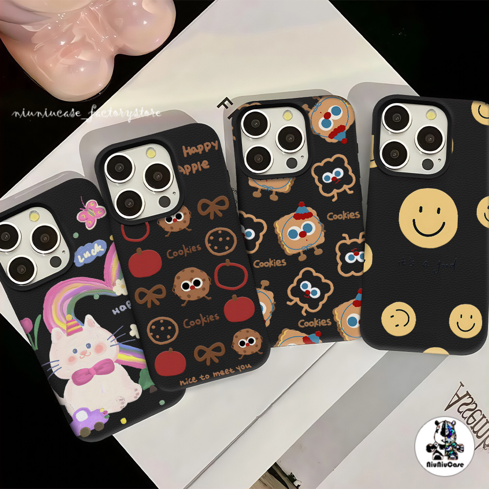 เคส For iPhone 13 เคสหนังเนื้อนิ่มสีแคนดี้ ใบหน้ายิ้มน่ารัก For iPhone 15 16 13 14 12 11 Pro Max XS XR 7 8P เคสหนัง Case