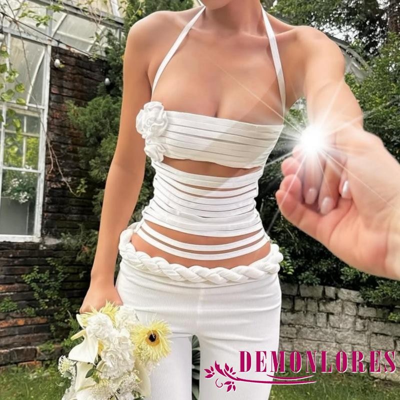 Demonlores-ผู้หญิงฤดูร้อน Halter Tank Tops สีทึบ 3D ดอกไม้แขนกุด Cutout Bandage Backless Slim Fit เสื้อกั๊ก