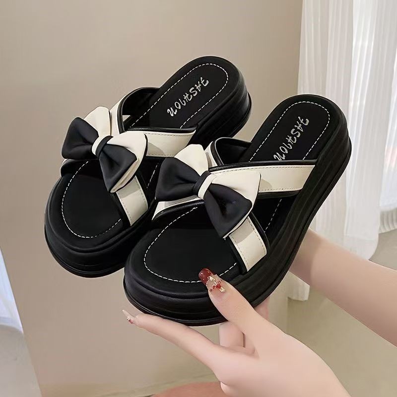 รองเท้าแตะหนาSoledผู้หญิงฤดูร้อนสวมใส่ด้านนอก 2024 สไตล์ใหม่แฟชั่นAll-Match Bowknot Anti-Slipสูง @