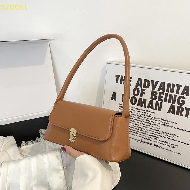 [cxSZDOLLA] Women Retro Tote Bagอินเทรนด์VINTAGE Underarm Bag Portable Casual PU Leather Solid Color Simple Handle Handbags Shoulder Bag DOM