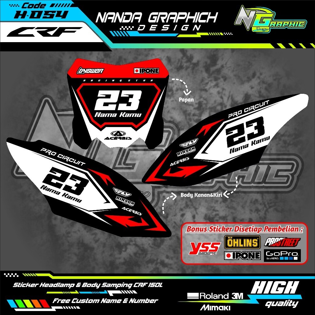 CRF 150ล สติ๊กเกอร์บอร์ดตัวถังขวาและซ้าย, สติ๊กเกอร์มอเตอร์ไซค์ฮอนด้า, แตกต่างสี, สามารถเปลี่ยนตัวเลขและชื่อได้