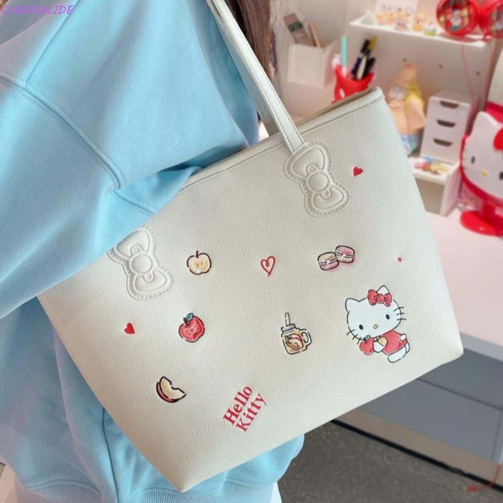 CYBERGLIDE Kitty Cat Tote Bag, กระเป๋าสะพายความจุขนาดใหญ่น่ารัก, แฟชั่นลําลองหนัง PU กระเป๋าถือใต้วงแขนหวานนักเรียน