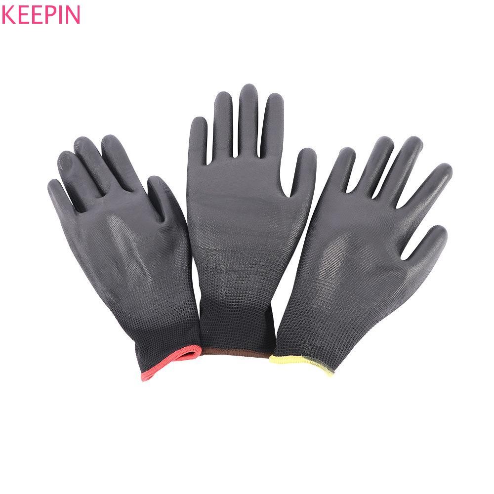 KEEPIN Safety Gloves PU Workplace Nylon 6 คู่ ถุงมือทํางานสีดําเคลือบ