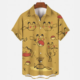 2024 เสื้ออินเทรนด์อะนิเมะ Pokemon Psyduck Gengar Snorlax 3D ดอกไม้เสื้อ Unisex แขนสั้นปุ่มคู่อินเทรนด์ Beach Coat เสื้อ Tops