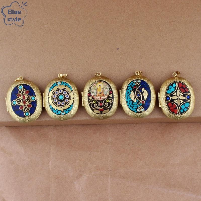 Bluestyle ทองเหลือง Locket จี้กล่องภาพจี้เนปาลสไตล์ชาติพันธุ์ Handmade Inlay จี้ประณีตรูปไข่สร้อยคอจี้อุปกรณ์เสริมใหม่