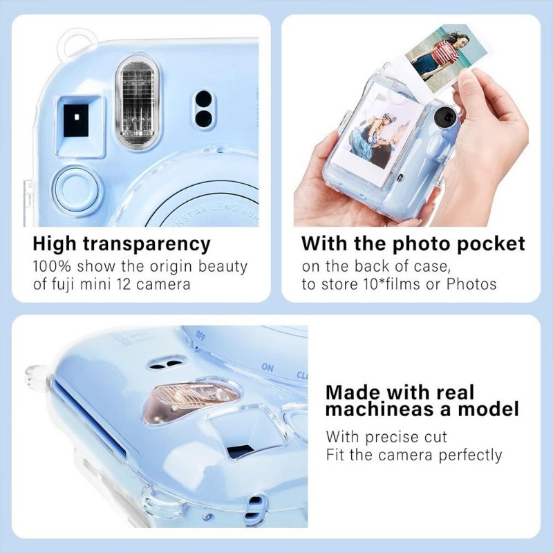 โปร่งใสกล้องสําหรับ Fujifilm Instax Mini 12 กระเป๋ากล้อง PC Crystal Storage Case พร้อมสายคล้องไหล่สําหรับ Instax Mini 12