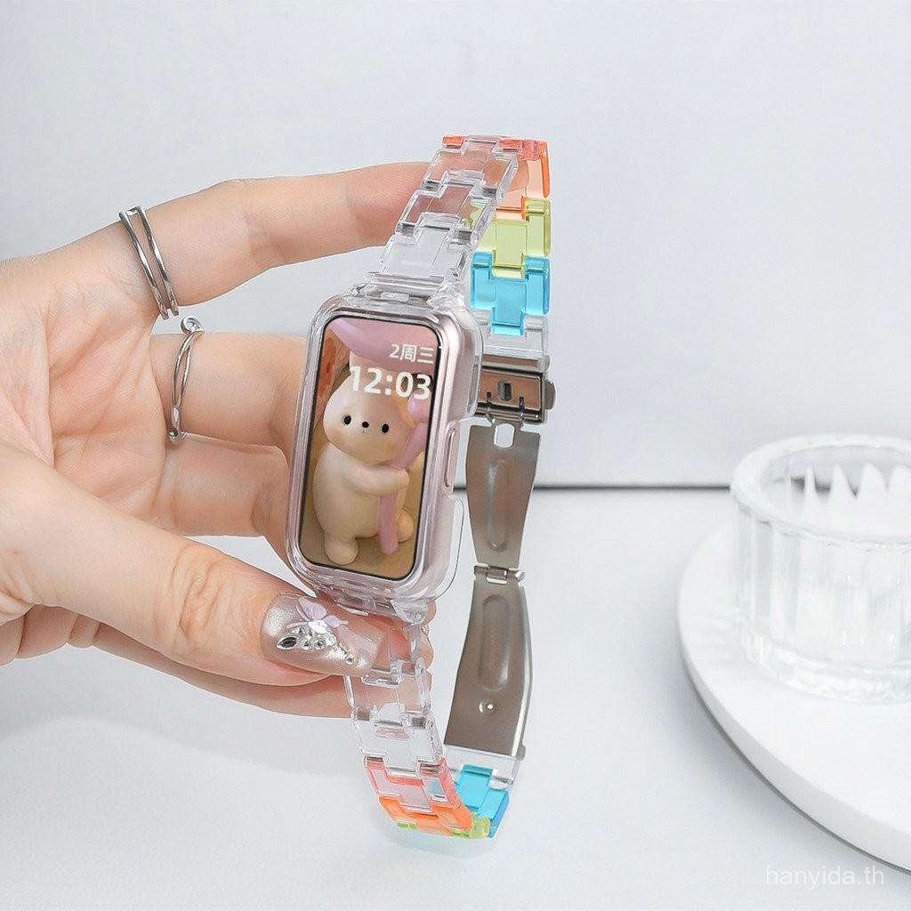 สายรัดข้อมือเรซินสีหวานสำหรับ Huawei Band 10/9/8/7/6/6pro และ Honor Band 9 7 6 ฝาครอบเปลี่ยนโปร่งใส